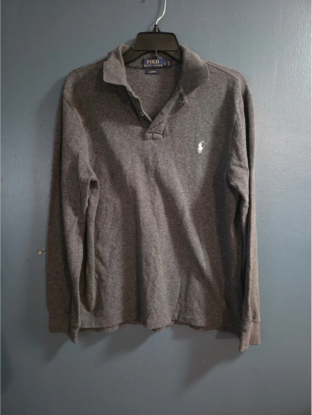 Polo Ralph Lauren Slim Fit Long Sleeve Gray Cotton Polo Shirt Size L